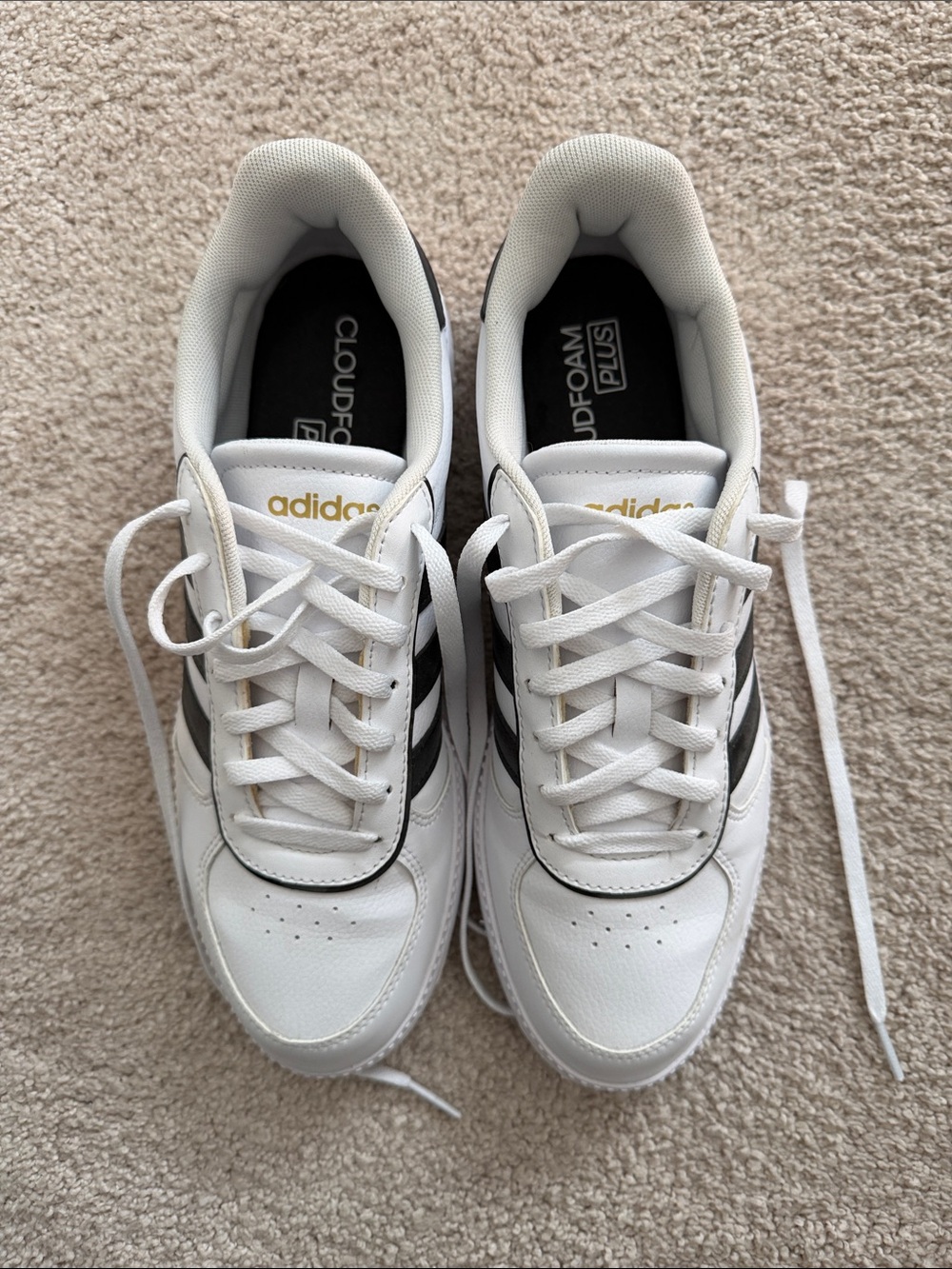 adidas White Sneakers with Black Stripes and Gold Logo